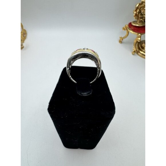 Pretty Costume Jewelry Ring Silver Tone And Enamel Whit Rhinestone  Ring Sz 10 - Picture 7 of 12